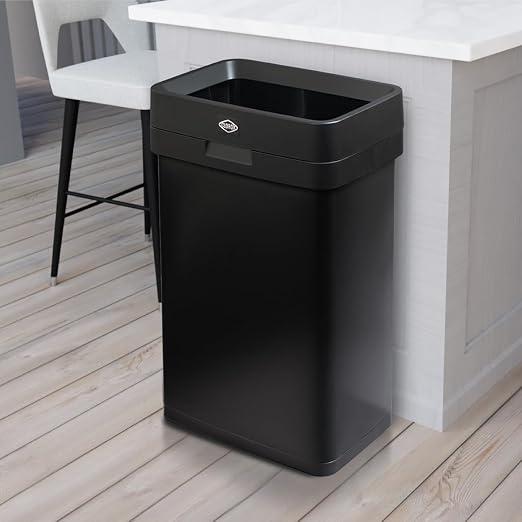 Clorox Slim Open Top Stainless Steel Trash Can, Matte Black, 13 Gal / 50L | Narrrow Rectangular Garbage Bin with Hinged Rim Protection for Commercial Spaces, Kitchen, and Office Use