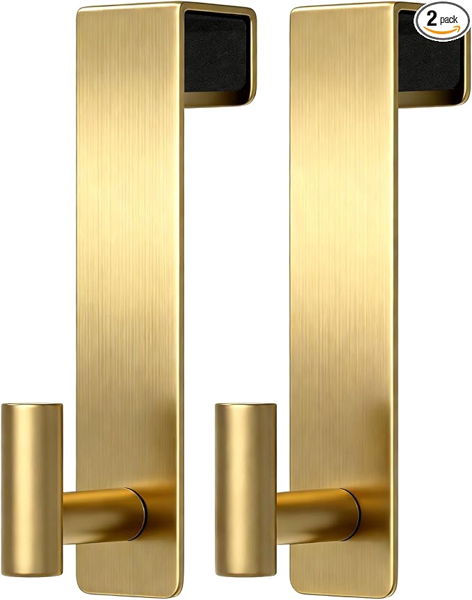 PMMASTO 7.5 Inch Over The Door Hooks, Gold- 2 Pack, T Shape | Stainless Steel Door Hooks Organize Coats Towels Robes in Bathrooms Bedrooms Closets