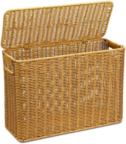 Pumtus Woven Storage Basket with Lid, 3 Gallon Decorative Plastic Organizer Box with Handle, Rectangle Narrow Tall Trash Can Toilet Paper Holder, Household Container Bin for Wardrobe, Magazines, Toys