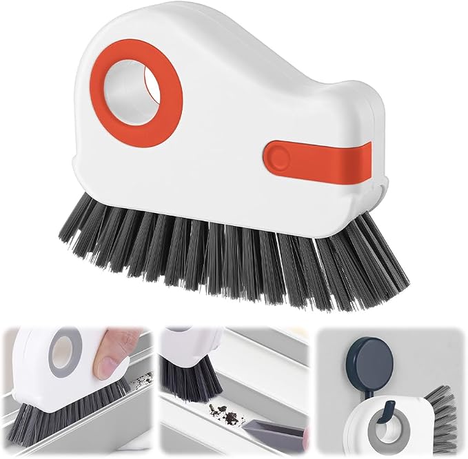 2 in 1 Groove Cleaning Brush, Window Track Cleaning Tools (Orange) | Multifunction Window Track Cleaner with Hard Bristle and Hidden Scraper, Crevice Brush for Sliding Door Track, Window Seal