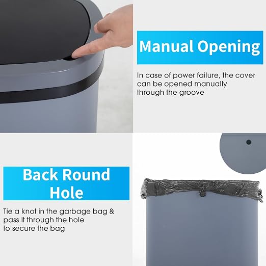 BestOffice Broken-Resistant Plastic Trash Can with Touch Free Lid - High-Capacity 49L (13 Gallon) Garbage Can for Bedroom, Bathroom, Home Office, Kitchen (1, Gray)