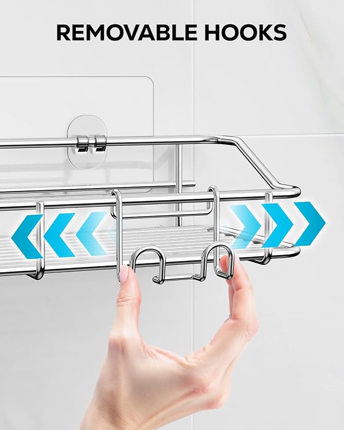 Nieifi Shower Caddy Adhesive, Shower Shelves, Shampoo Holder for Bathroom | Stainless steel, 2 pack, shower rack, shower organization, with hooks, rustproof, no drilling, razor holder, silver