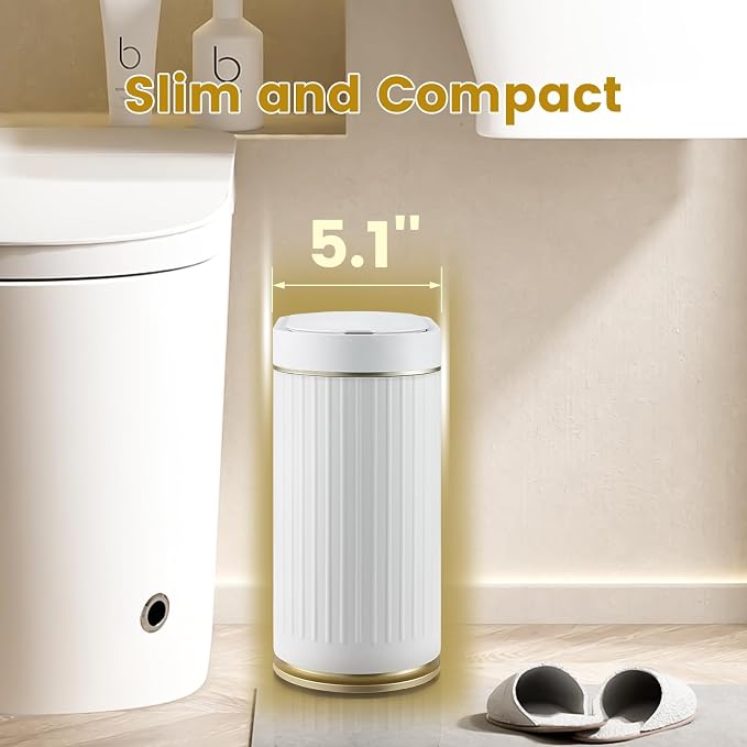 ELPHECO Slim Bathroom Trash Can with Lid, 2 Gallon White Golden | Smart Garbage Can, Plastic Wastebasket, Narrow Garbage Bin, Waterproof Bathroom Decor for Bedroom