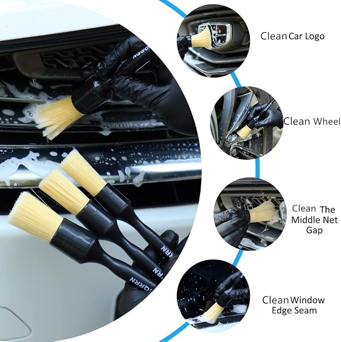 MVEQRRN 5pcs Car Detailing Brush Set,Boar Hair Detailing Brushes | Ultra Soft ,Scratch-Free,Auto Detail Brush for Leather Seats,Detail Brushes Car Detailing for Interior Exterior