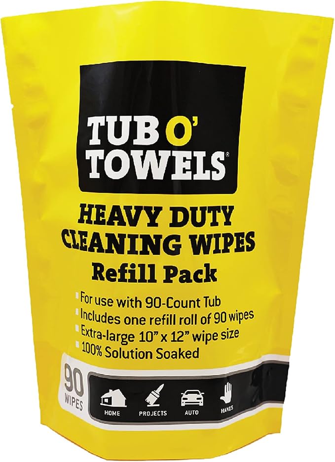 Tub O' Towels Heavy Duty Cleaning Wipes, Refill Pack for 90-Count Canister, 10" x 12"
