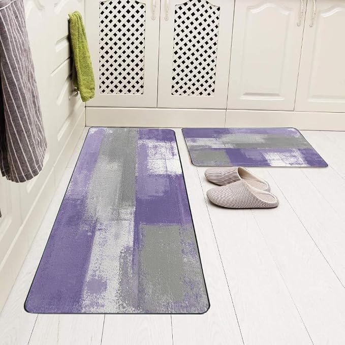 TOMWISH Vintage Kitchen Rug Non Slip Washable Kitchen Mats for Floor 2Pcs | Grey and Purple Absorbent Runner Rugs for Kitchen Front of Sink Dining Room Home Office Laundry 20"X48"+20"X30"