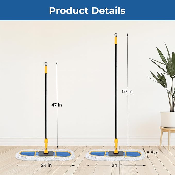 24”Dust Mop for Floor Cleaning, Heavy Duty Sweeper Broom Catches Dust, Pet Hair, and Debris, Washable 2 Cotton Mop Pads, Floor Duster for Hardwood, Tile, Laminate, and LVP Flooring