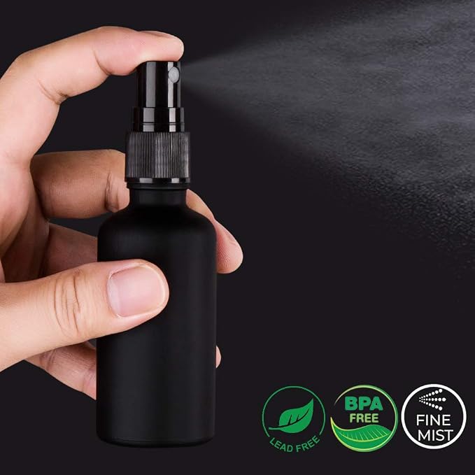 2oz Frosted Black Glass Spray Bottles for Essential Oils, Set of 3 | Small, Travel, Mini, Empty, Fine Mist, for Facial, Cosmetic, Perfume, Hair Care, Room, Refillable, Leakproof, UV protection