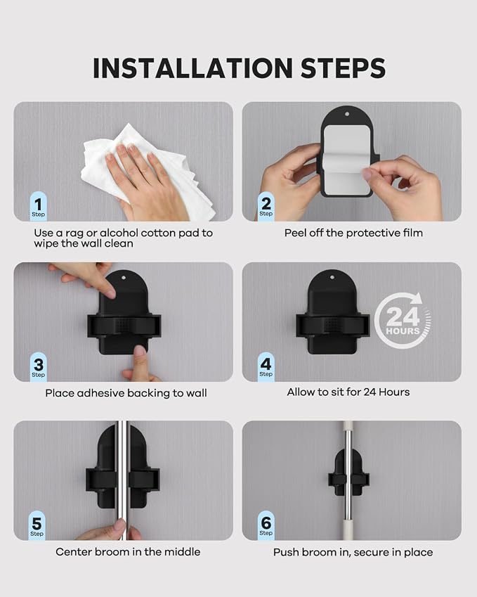 Broom Holder Wall Mount (Black 4 Count), Broom Holder, Broom and Mop Organizer Wall Hanging, Mop and Broom Holder Wall Mount, Broom Organizer Wall Mount for Home, Kitchen, Garage Storage