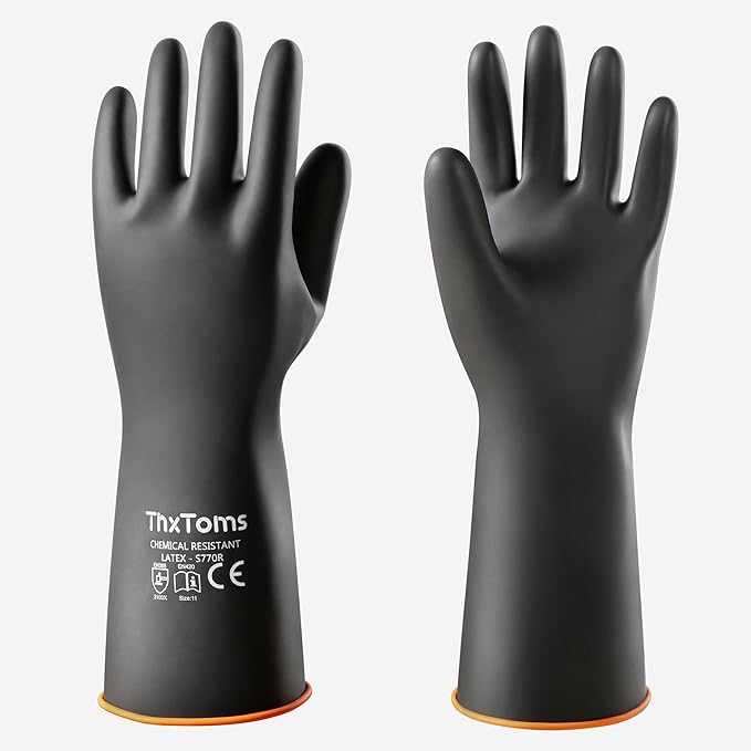 ThxToms Chemical Resistant Gloves, Puncture Resistant,Latex | Heavy Duty Rubber Gloves, Acid Oil & Alkali Resistant for Industrial Cleaning, Auto Repair, Mechanics, 14", 1 Pair