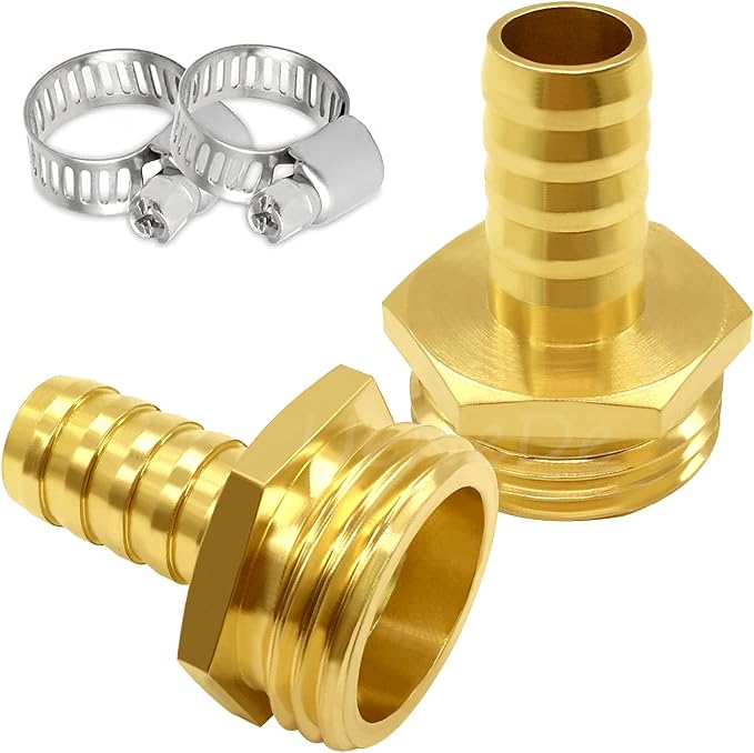 Uenede Brass 1/2" Barb x 3/4" GHT Male Garden Hose End Connector, 2PCS | Splicer Mender Repair Fitting Fit for 1/2"ID Garden Hose Includes Clamps