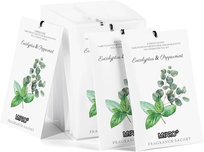 MYARO 12 Pack Eucalyptus Mint Scented Sachets, Closet Deodorizer Freshener | Long-Lasting Sachet Bag, Odor Eliminator for Closet, Drawer, Bathroom, Clothes, Fabric Refresher, Home Fragrance Gift Set