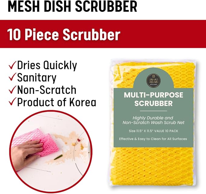 Unha's Mesh Dish Scrubber Cloths, 10 Pack, Reusable Kitchen Cleaner | Quick dry odor resistant polyester net for pots pans sinks cookware utensils stovetop grease residue and daily dishwashing