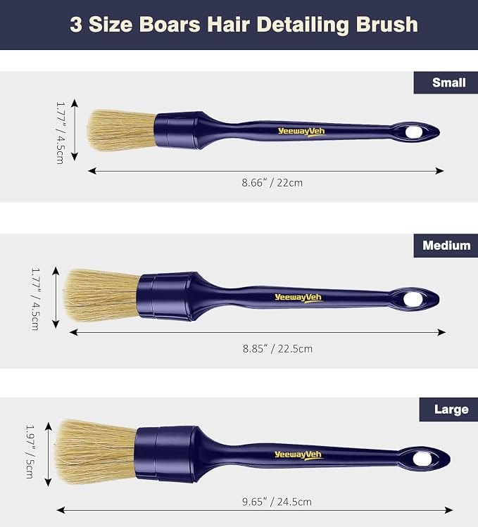 YeewayVeh 3PCS Car Detailing Brush Set, Boars Hair Bristles Brushes, Indigo | 3 Sizes Detail Brushes for Dashboard, Air Vents, Leather Seat & Dusting, Interior/Exterior Car Detailing