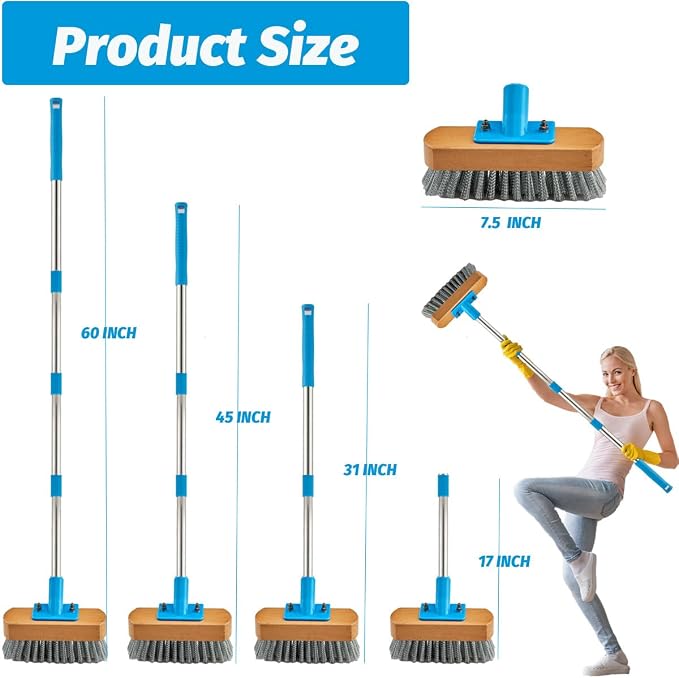 YONILL Stainless Steel Deck Scrub Brush with 60" Long Handle for Concrete | Heavy Duty Floor Scrubber Brush, Moss Remover Wire Cleaning Brushes for Rough Surface, Concrete Floor, Patio, Garden, Garage