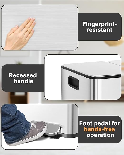 60L/15.9 Gal Gallon Three-Compartment Pedal Stainless Steel Kitchen Recycling Trash Can with Odor Seal, Hands-Free Foot Operated Waste Bin for Home, Office, Restaurant, School, Hospital
