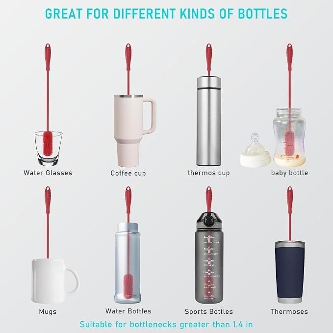 Silicone Bottle Brush, 15.7" Water Bottle Cleaner Brush, Red | Water Bottle Cleaner for Baby Bottles, Hydro Flask, Sports Bottle, Vase, Glassware, for Smaller Diameter Bottle Openings