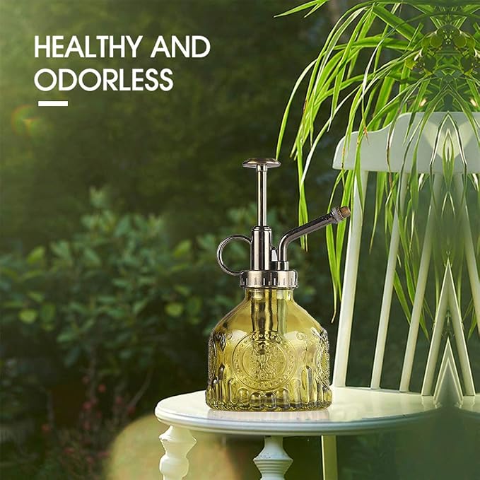 Plant Mister Glass Spray Bottle Small Plant Watering Can 6.4" Tall Retro Indoor Watering Can Bronze Plastic Top Pump for Garden Indoor Plant Sprayer