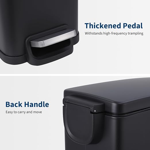 Slim Narrow Kitchen Trash Can with Lid, 10L Stainless Steel Step Pedal Garbage Can, Soft Close & Stay Open Lid Design, Space Saving Trash Bin with Removable Inner Bucket for Kitchen, Bathroom,Black