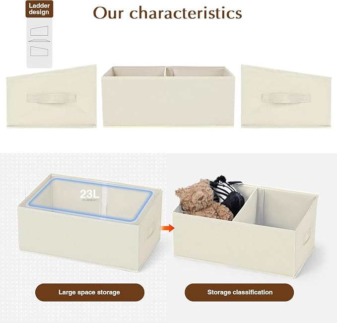 DIMJ Closet Storage Bins, 8 Pack Storage Baskets for Shelves, Foldable Shelf Organizer with Handle, Linen Closet Organizers and Storage for Clothes, Toys, Towel, Books (Beige)