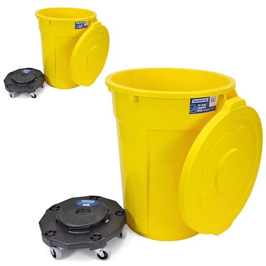 Magnum Yellow 55 Gallon Trash Can Set (Trash Can, Quiet Dolly, and Reinforced Lid), Construction Grade, Jobsite Ready, Non-Marking Wheels & Casters for Rolling Garbage CMTC-CLD0-55Y02 (2 Set)