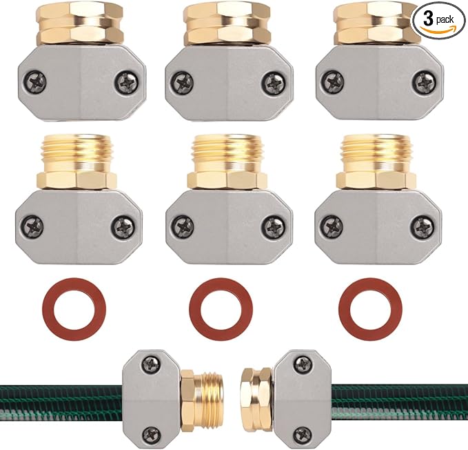 Hose repair kit,（3 Sets）garden hose repair Fittings Aluminum Female and Male With Zinc Clamp Water Hose End Repair Connector Fit 3/4 Inch And 5/8 Inch Garden Hose，garden hose repair kit