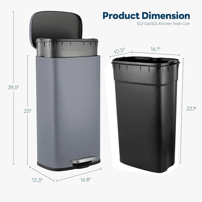 13.2 Gal Kitchen Trash Can, 50L Recycling or Garbage Bin,with Step-On Pedal | Brushed Stainless Steel Waste Basket, Soft&Quiet Close Dustbin, Removable Inner Bucket, for Home, Office, LIving Room