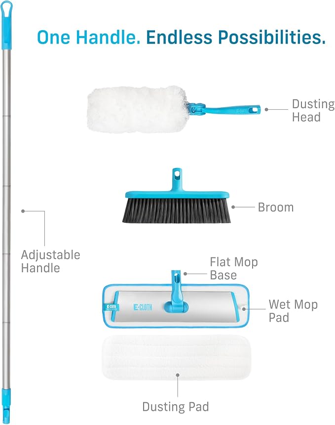 E-Cloth Easy-Click Mop w/ 4 Interchangeable Attachments, 1 Handle + 4 Tools | Broom Head, Dusting Head, Wet Mop, & Dry Dusting Pad Attachment, Home Cleaning Supplies, for Floor Cleaning, Wall, & Ceiling