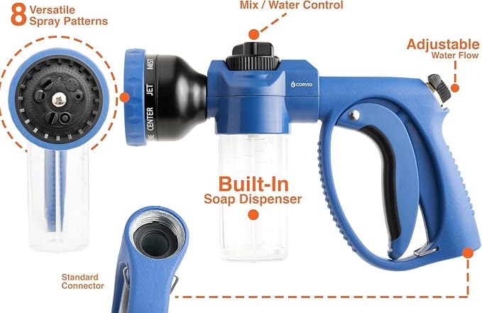 3-Pack Corvid Adjustable Nozzle with Soap Dispenser, 8-Pattern Spray Hose Nozzle for Cleaning Cars, House, and Pets - Lightweight Plastic Design