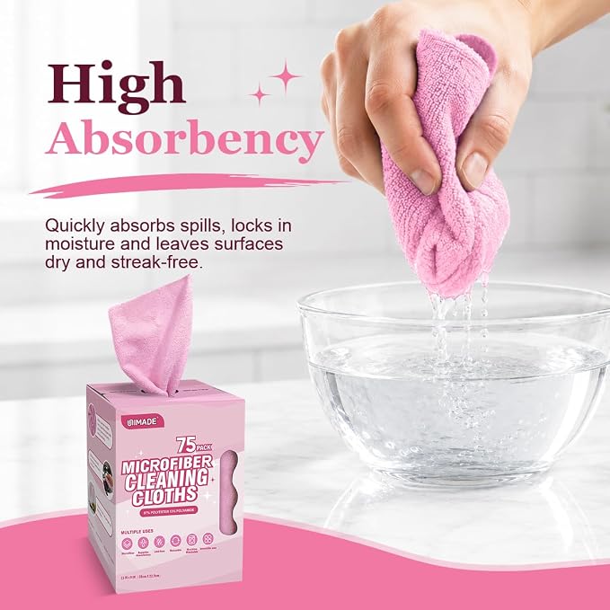 Microfiber Cleaning Cloth, 75 Sheets Microfiber Towels for Cars | Commercial Grade Washcloths Lint-Free Bulk Shop Towel Cleaning Rags for Household Restaurant Garage, 11"x 9", Pink