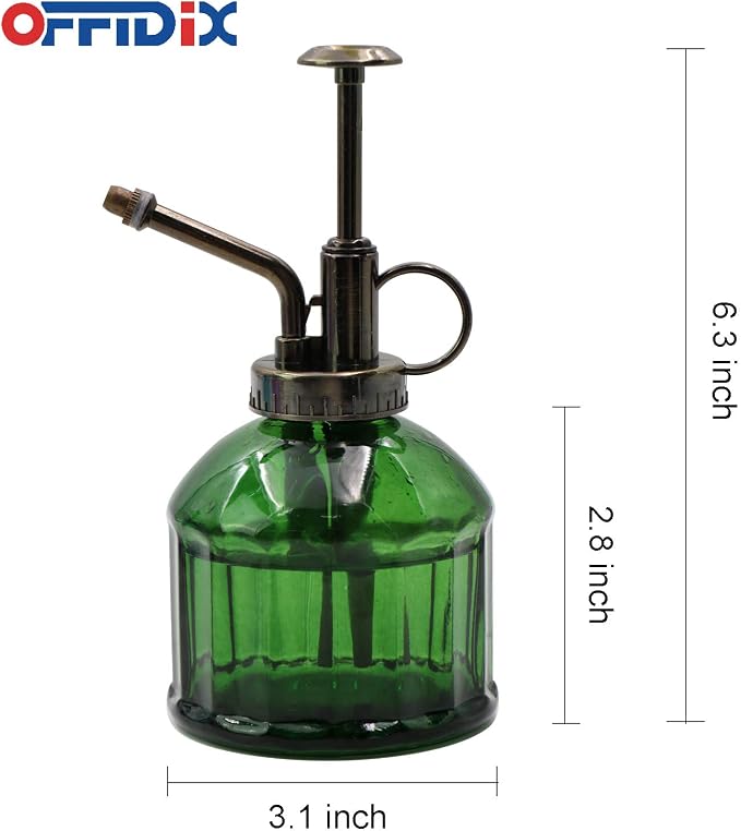 OFFIDIX Glass Plant Mister Vintage Style Spray Bottle Mist 6.7oz Dark Green | Fine Mist Spritzer Bronze Plastic Top Pump, 6.3" Tall 200ml One Hand Watering Can Indoor, Spray Bottle for Garden Small Plant