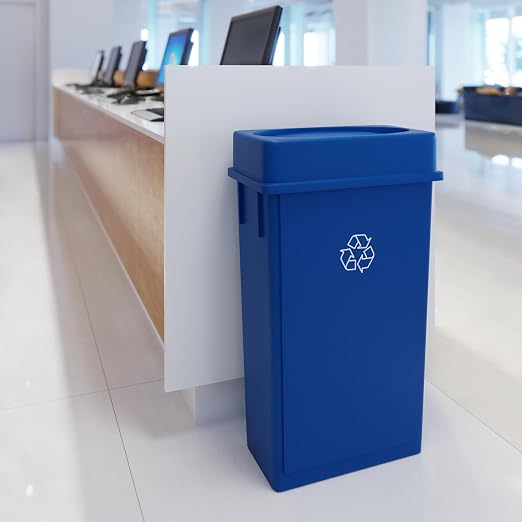 23 Gallon Blue Rectangular Slim Trash Can with Drop Shot Lid | Great for Home, Commercial, or Restaurant Use.