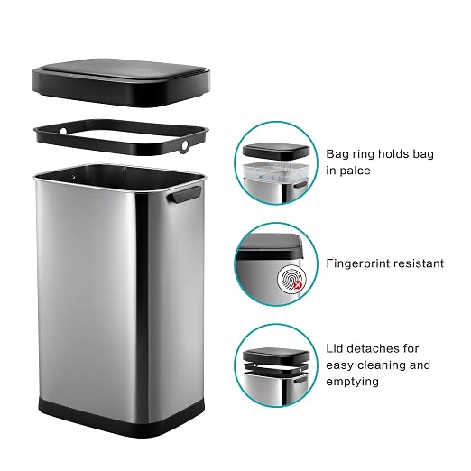 13 Gallon Trash Can, Touchless Stainless Steel Kitchen Bin (Silver) | Automatic Motion Sensor Lid | 50L Fits 13 Gal Tall Kitchen Bags | Anti-Fingerprint Brushed Finish | For Home Office Bathroom