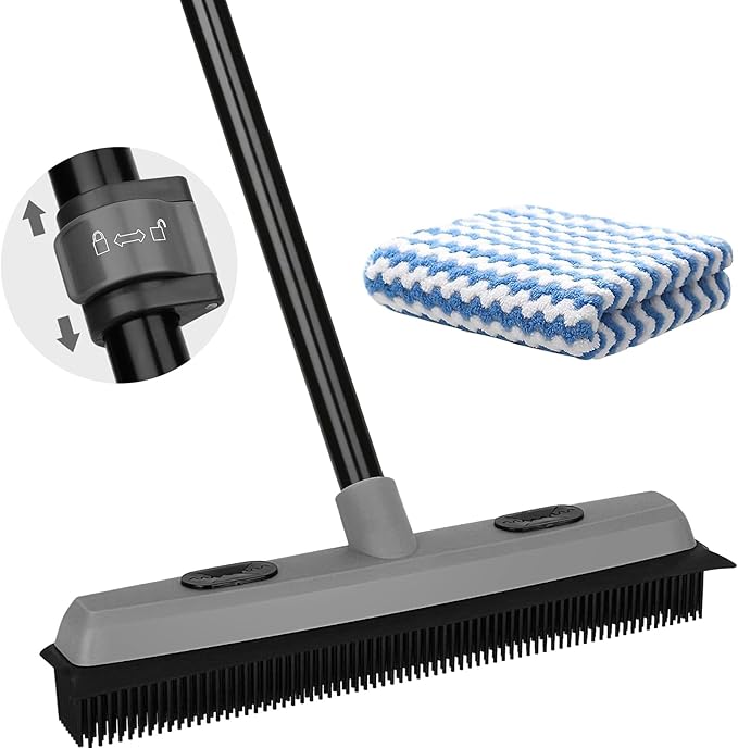 Pet Hair Removal Rubber Broom with Squeegee with 59" Long Handle | Carpet Rake for Pet Hair, 59" Telescoping Long Handle, Fur Remover Rake for Carpet, Hardwood Floor,Tile