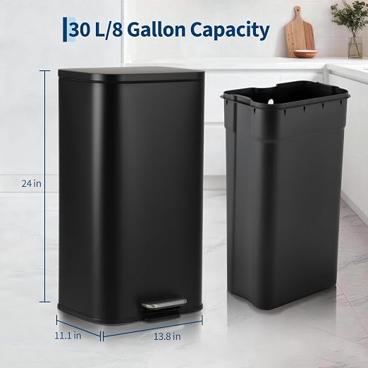 Takywep Stainless Steel Fingerprint Proof Soft Close Recycling Trash Can with Foot Pedal & Removable Inner Bucket, Rectangular Waste Bin for Kitchen Home Office Bathroom Restaurant