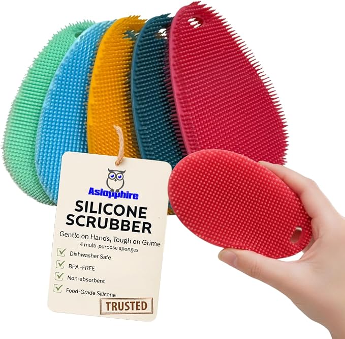Silicone Sponge Dish Scrubber - Food Grade and Housecleaning - BPA Free Silicone Kitchen Scrubber [5 Pack Ovals Summer]
