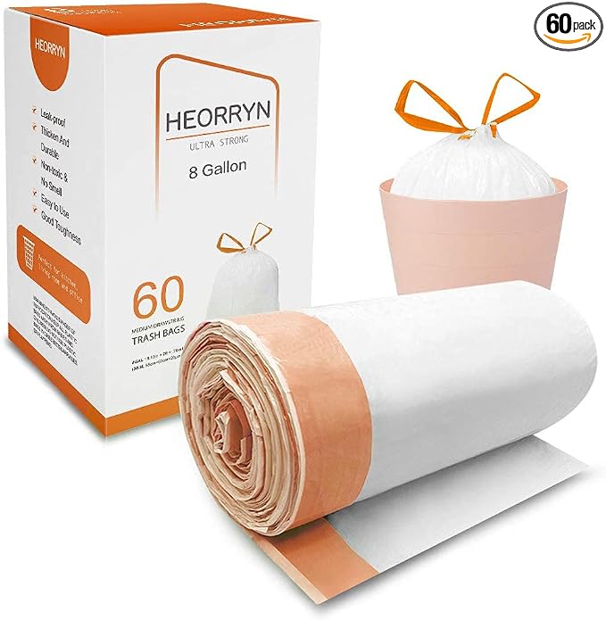 8 Gallon Drawstring Trash Bags,0.79 Mil Strong 60 Count Medium Garbage Bags | Ultra Strong Medium Trash Bags with Drawstring Closure,Unscented White Garbage Bags for Kitchens,Offices and Daily Cleanup