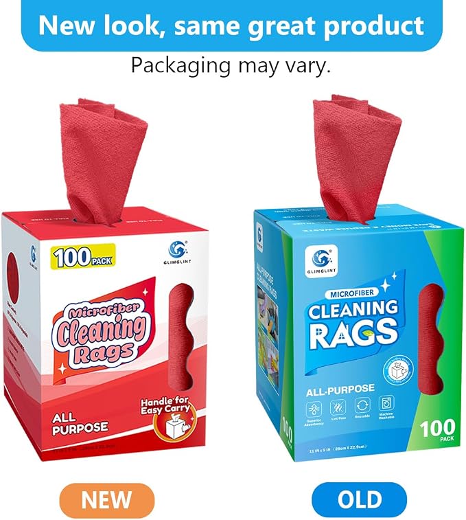 GLIMGLINT Microfiber Cleaning Cloth 100 Pack, Reusable Paper Towels 11 x 9 | Lint Free & Ultra Absorbent Cleaning Rags for Car, Home, Kitchen, Glass & Screen, Washable Shop Towel Rag with Box Red