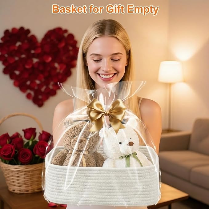 3Pack Small Woven Storage Baskets for Shelves Organizing | Cotton Rope Closet Organizer Bins, Basket for Gifts Empty, Nursery, Living room, Dog Toy Basket 13.2x8.2x5.2 in, White