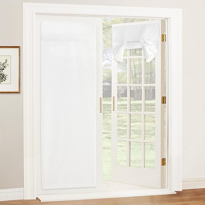 RYB HOME Linen Blended French Door Window Curtains, Glass Door Blinds | Farmhouse Home Decor, No Drill, Room Darkening, Privacy, Portable for Patio/Office/Classroom, W26 x L72, White, 1 Panel