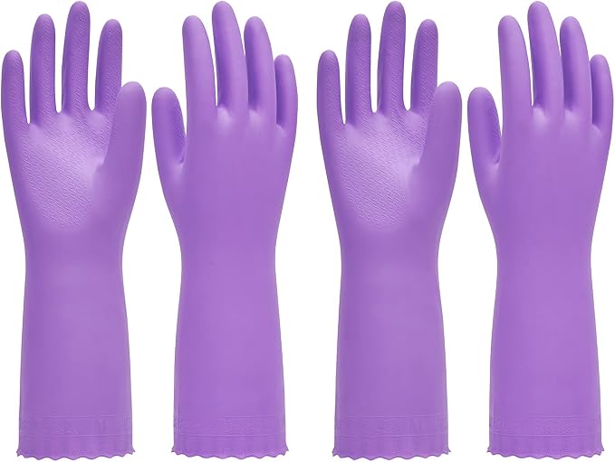 2 Pairs Dish Gloves, Cotton Flocked Liner, Purple, Medium | Waterproof dishwashing gloves with non-slip grip, Latex-Free, flexible fit for kitchen, bathroom, laundry & cleaning