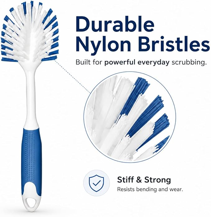 2-Pack Dish Brushes with Scraper, Durable Nylon Bristles Kitchen Scrub Brush, Dish Scrubber with Handle for Pans, Sink, Bathroom | Durable Bristles, Kitchen Scrub Brush, Dish Scrubber with Handle for Pans, Sink, Glasses