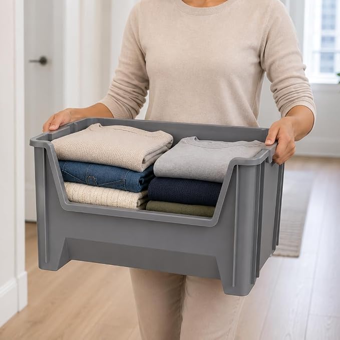 Akro-Mils 13017 Stak-N-Store Stackable Storage Bins, Heavy Duty Garage Storage Containers, Open Front Plastic Organizer for Tools, Shelves, Closet Organizer, 15" x 20" x 12-1/2", Grey, 3-Pack