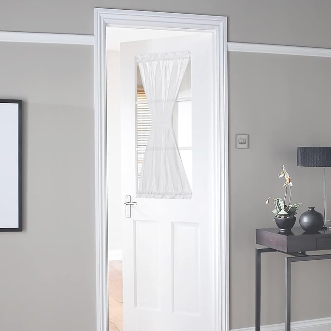 NICETOWN Linen Textured Door Curtain - White Sidelight Panel Curtain | Semi Sheer French Front Door Curtain with Tieback for Kitchen, 30 inches W x 40 inches L, Single Panel