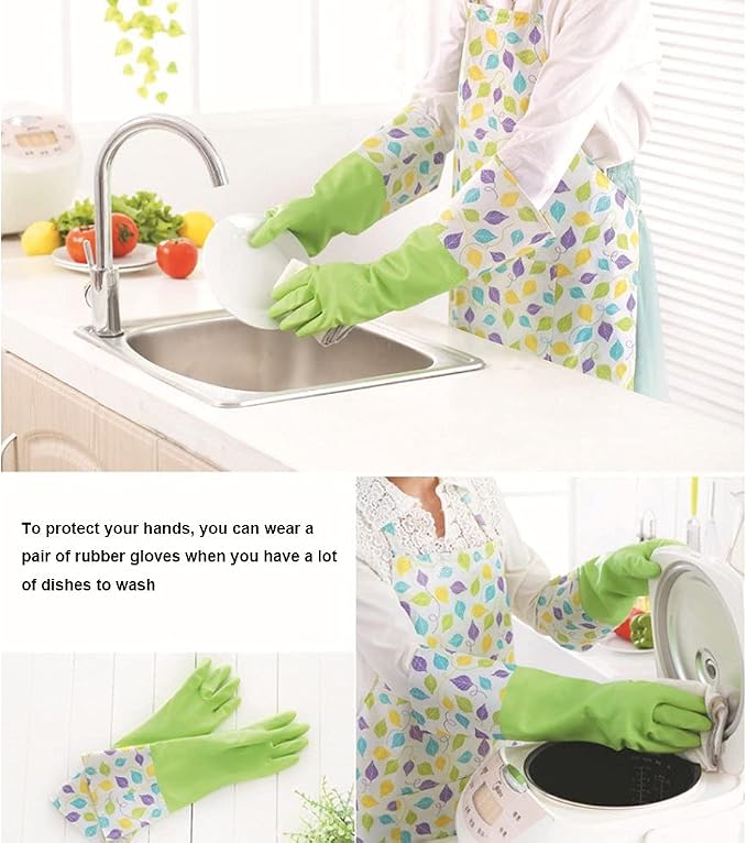 Rubber Latex Waterproof Dishwashing Gloves,Long Cuff and Flock Lining Household Cleaning Gloves 2 Pair