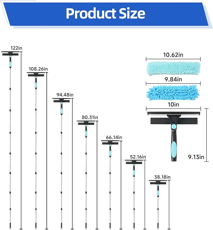 122'' Window Washing Kit with Extension Pole, 2-in-1 Window Cleaning Kit with Scrubber and Rotating Head, Window Cleaner Tool for Shower Rooms, Glass, Floors, Tiles, Walls, Car Windshields