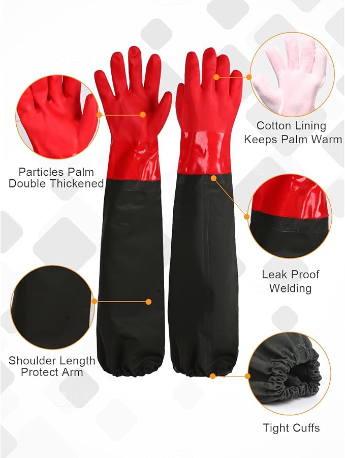 25" Extra-Long Waterproof Gloves with Cotton Liner - Heavy Duty, Aquarium & Pond Cleaning, Seafood Working
