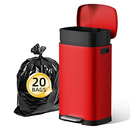KUK 13 Gallon Kitchen Trash Can with Lid, 50L/13Gal Office Step Garbage Can for Home, Kitchen, Laundry Room, Office, Brushed Stainless Steel, Red