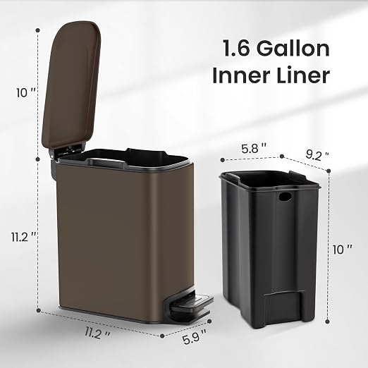 Cesun Small Bathroom Trash Can with Lid, 1.6 Gal, Soft Close, Brown | Step pedal soft close, Slim 5.9in fits narrow spaces, Stainless steel, Anti-fingerprint, Removable inner bucket, Odor seal