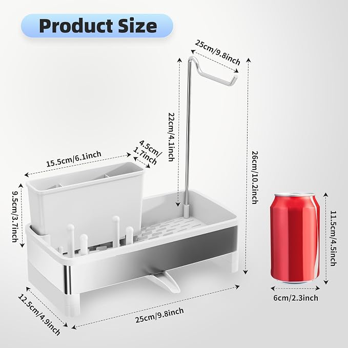 Ewaiira Sponge Holder for Kitchen Sink, Stainless Steel Sink Caddy | with Brush Holder & Dishcloth Rack, Countertop Sink Organizer, Soap Dispenser Kitchen Organizers Storage (E-White 9.8″)